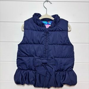Lilly Pulitzer Girl's Navy Blue Mini Kate Puffer Vest Ruffle Bow Detail Size 4-5